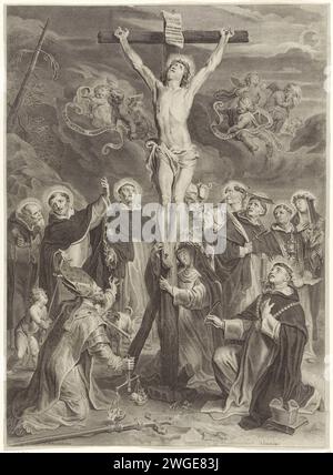 Christus am Kreuz mit Maria und Heiligen, Adriaen Lommelin, nach Abraham van Diepenbeeck, 1630–1677 Druck Antwerpener Papier mit Gravur des Kreuzes des Kreuzes, mit besonderen Personen unter dem Kreuz Stockfoto