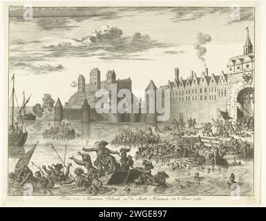 Angriff von Maarten Schenck auf Nijmegen, 1589, 1730 Drucken Fehlgeschlagen Angriff von Truppen unter Maarten Schenck auf die Stadt Nijmegen, 10. August 1589. Episode aus dem Keulse-Krieg. Auf der Flucht aus der Stadt ertrinkt Schenck in der Waal. Nord-Niederlande Papierätzkampf. Ertrinkender, Schiffbrüchiger Nijmegen Stockfoto