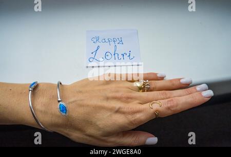 Frohe lohri feierliche Feier mit Essen und Nüssen. Festivals in Indien Stockfoto