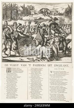 Die Flucht des Papsttums aus England, 1689, 1689 die Flucht des Papsttums aus England, 1689. Cartoon über Jacobus II., Ludwig XIV. Und den Dauphin. Der englische König Jacobus II. Flieht mit seiner Frau Maria von Modena und dem armen Kind, das von einem Hund auf einem Auto gezogen und von Pater Peters (Edward Petre) gefahren wird. Rechts auf einem Bären Lodewijk XIV. (Harlekijn), der das Schwert gegen den niederländischen Löwen ziehen will. Links der Dauphin auf einem Wolf. Unter der Show 2 Strophen in 3 Spalten mit einer Aussage der Zahlen 1-17 in Niederländisch. Das neue Recht unterschrieben mit: Bonissimo. Nordniederländische Papierätzung/Letterpres Stockfoto