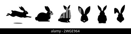 Set mit Kaninchen-Silhouetten. Osterhasen. Isoliert auf weißem Hintergrund. Eine einfache schwarze Ikonen von Hasen. Niedliche Tiere. Ideal für Logo, Emblem, Pictogra Stock Vektor