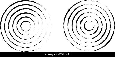 Kreisförmige Symbole für Welligkeit. Konzentrische Kreise mit unterbrochenen gepunkteten Linien, isoliert auf weißem Hintergrund. Wirbel, Sonarwelle, Schallwelle, Sonnenaufgang, Signalzeichen Stock Vektor