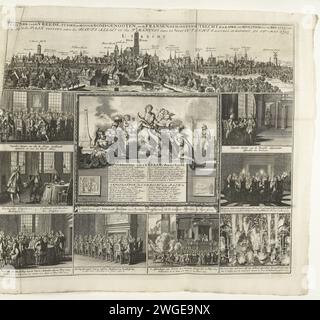 Frieden von Utrecht, 1713, 1713 Druck der Frieden von Utrecht, geschlossen am 11. April und ratifiziert am 12. Mai 1713 zwischen den Alliierten und den Franzosen, was den Spanischen Erbfolgekrieg beendete. Großes Magazin mit einem Gesicht auf Utrecht oben und einer Allegorie auf Frieden. Umgeben von acht kleineren Szenen der Friedensverhandlungen und dem Feuerwerk bei der Friedensfeier am 14. Juni 1713 in den Haag. Teil der gebündelten Serie von 49 Platten bekannter starker Städte und Festungen im Spanischen Erbfolgekrieg, ca. 1701-1713 . Mit den Titeln in Niederländisch und Französisch. Druckerei: Nord-Niederlande Stockfoto