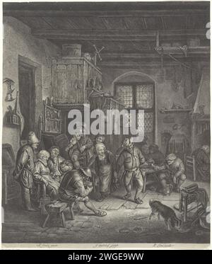 Bauerninnenraum mit tanzendem Paar, Jonas Suyderhoef, nach Adriaen van Ostade, 1657 - 1672 Druck in einer gaststätte, eine alte Frau und ein alter Mann machen Hand in Hand einen Tanz. Links davon ein Geigenspieler und singende und trinkende Menschen. Rechts sitzender Mann mit Pfeife in der Hand. Ein Hund rechts im Vordergrund. Printmacher: Haarlem Verlag: Amsterdamer Papiergravur ein Paar tanzend; Mann und Frau tanzt als Paar. Violine, Geige. Stimmmusik, Gesang. gasthof, Kaffeehaus, Gasthaus usw. Stockfoto