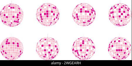 Set mit pinkfarbenen Discoball-Symbolen. Glänzende Spiegelkugel des Nachtclubs. Tanzmusik Party Disco Ball. Glitterball im Retro-Diskothek-Stil der 70er 80er 90er Jahre Stock Vektor