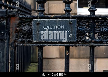 Humorvolles Schild mit der Aufschrift „Vorsicht sehr liebevoller Hund“ an einem Tor im West End von Edinburgh. Stockfoto