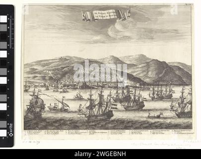 Die niederländische Flotte unter Michiel de Ruyter für die Stadt Algier, 1662, Bastiaen Stopendael, 1687 Print Ansicht Algiers mit der Staatsflotte unter Admiral Michiel de Ruyter zum Anker bei der Stadt zur Zeit der Friedensfahrlässigkeit, 16. November 1662. Rechts oben markiert: S. 254. In der Bildunterschrift de Legenda 1-11 und A-M. Amsterdam Papierätzung / Gravur Algier Stockfoto