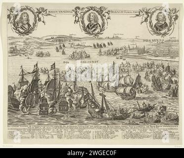 Battle in the Sont, 1658, 1658 Druck de Battle in the Sont, zwischen der Staatsflotte unter Admiral Jacob Baron van Wassenaer, Lord von Obdam, und der schwedischen Flotte unter Admiral Carl Gustaf Wangel, 8. November 1658. Im Vordergrund die Seeschlacht mit der Schlacht zwischen Admiralschepen van Wassenaer, genannt Eendracht, und Van Wangel genannt Victoria. Im Vordergrund der Bredero mit Schussmasten von Vizeadmiral Witte de With. Im Hintergrund links die schwedische Küste und rechts die dänische Küste mit der Burg Kronborg. In der Luft die drei Porträts von Wrangel, Wassenaer und Vice Stockfoto