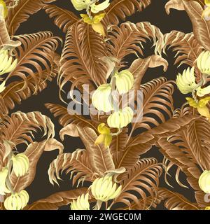 Nahtloses Muster mit Bananenfrüchten und Blättern. Vektor. Stock Vektor