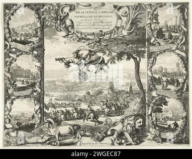 Siege von König Wilhelm III. In Irland (obere Hälfte), 1690, 1690 – 1691 drucken Großdruck auf zwei Zeitschriften, in denen die Siege von König Wilhelm III. In Irland und die Siege der Alliierten über Frankreich im Jahr 1690 gefeiert werden. Obere Hälfte mit der Schlacht am Boyne am 11. Juli 1690. Mit Ruhm in der Luft und vor dem englischen Einhorn und dem niederländischen Löwen. Sechs kleinere Szenen der Schlacht zwischen Wilhelm III. Und Jakobus II. Auf beiden Seiten. Nordniederländische Papierätzschlacht (+ Landstreitkräfte). Hunger; 'Fama', 'Good Fame', 'Chiara Fame' (Ripa) Boyne Battlesite Stockfoto