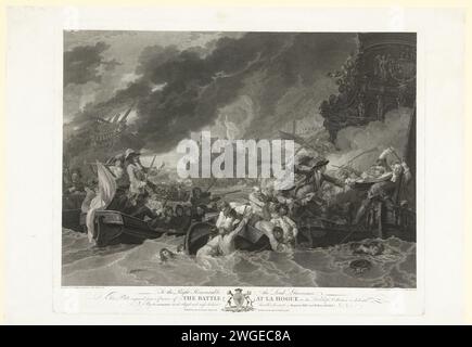 Die Seeschlacht am Kap La Hogue, 1692, 1781 Druckangriffe der englischen und niederländischen Flotten unter Russel und Almonde auf die Franzosen unter Tourville in der Schlacht am Kap La Hogue, 29. Mai bis 3. Juni 1692. Der Moment eines Bootes in Tourville ist, in einen anderen Willen zu treten, und wird von einem Engländer ergriffen, dessen Hand er mit seinem Schwert zurückziehen wird. Rechte und zentrale französische Schiffe. Im Titel Titel Titel, Aufgabe und Adresse in 4 Zeilen auf Englisch. Druckerei: Englandpublisher: LondonPublisher: London Papiergravur und Kampf (+ Landstreitkräfte) Stockfoto