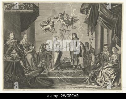 Heirat von Prinz Willem II. Und Maria Stuart, 1641, 1651 – 1652 Drucken die Heirat von Prinz Willem II. Und Prinzessin Maria Stuart, 2. Mai 1641. Links die Eltern der Braut: Der englische König Karl I. und seine Frau Henrietta Maria. Rechts die Eltern des Bräutigams: Frederik Hendrik und Amalia van Solms. Im Hintergrund allegorische Figuren der Liebe und Hoffnung (links) und des Glaubens (rechts) und des niederländischen Löwen im niederländischen Garten. Über dem Paar die Taube des Heiligen Geistes und Putti mit Lorbeerkränzen. Unten rechts markiert: Zweiter Teil fol. 87. Papierstich in den nördlichen Niederlanden Stockfoto