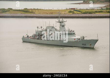 LÉ James Joyce (P62) ist ein Offshore-Patrouillenschiff der Samuel Beckett-Klasse (OPV), das im Hafen von Cork gesehen wird. Stockfoto