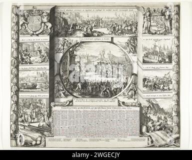 Allegory zu Ehren Wilhelms III., als er nach England kam, 1688, 1688–1689 Druck Allegory zu Ehren Wilhelms III. Nach seiner Ankunft in England mit acht Szenen nummeriert I-VIII der Reise selbst und der früheren Ereignisse, 1688. Links unter dem Wappen von Jakobus II. Drei Szenen der Wandaden unter seiner Herrschaft, darunter die Geburt des Molenaarskind , in der Mitte die Ankunft Wilhelms III. In England und seine Ankunft in London, direkt unter der Waffe Wilhelms III. drei Szenen vom Abgang des Prinzen aus den Niederlanden und der Ankunft seines Bootes an der Küste. Unten in Stockfoto