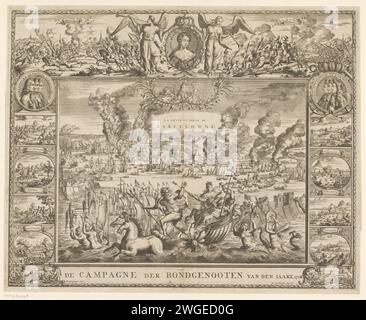 Allegory über die Siege der Alliierten im Jahr 1706, 1706 Druck Allegory über die Siege der Alliierten auf die Franzosen im Jahr 1706. Central eine Aufführung der Relief von Barceloa am 12. Mai 1706, im Himmel die Sonnenfinsternis. Im Vordergrund im Wasser der Kampfwagen Neptun mit Königin Anna von England und der niederländischen Jungfrau. Im Rahmen der Bilder wurden Porträts der alliierten Armeekommandanten in Medaillons mit kleinen Bildern der verschiedenen Siege kombiniert. An der Spitze stand Königin Anna, flankiert von Schlachten bei Ramillies und Turin. Ein separates Textblatt gehört zur Platte. Nördliche Niederlande Stockfoto