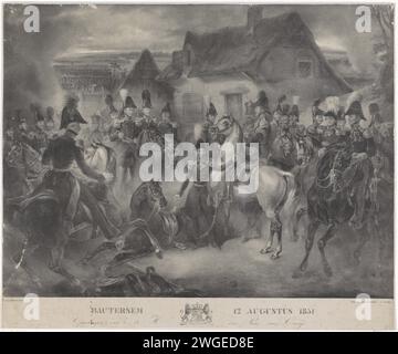 Schlacht von Boutersem, 1831, 1831 – 1832 Druck das Pferd des Prinzen von Orange wird in der Schlacht von Boutersem am 12. August 1831 verletzt. Dem Prinzen wird ein anderes Pferd präsentiert. Hinter dem Prinzen fährt Prinz Friedrich mit seinen Adjutanten und anderen Offizieren zu Pferd. Der Ausdruck enthält einen Schlüsseldruck mit den Namen der Referenten. In der Bildunterschrift die Waffe des Prinzen von Orange. Druckerei: Frankreich (möglicherweise) Drucker: Paris Papier kämpfende Pferde Boutersem Stockfoto