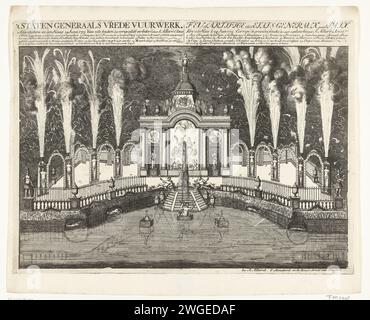 Feuerwerk bei der Friedensfeier von Utrecht, 1713, 1713 Druckgerüst mit Feuerwerk im Auftrag der Generalstaaten auf dem Hofvijver in den Haag bei der Friedensfeier von Utrecht, 14. Juni 1713. In der oberen Schreibweise Beschreibungen des Feuerwerks in Niederländisch und Französisch. Druckerei: Nord-Niederlande Spublisher: Amsterdam Papierätzfest (+ Beleuchtung, Feuerwerk  festliche Aktivitäten). Lagerfeuer, Feuerwerk Hofvijver Stockfoto