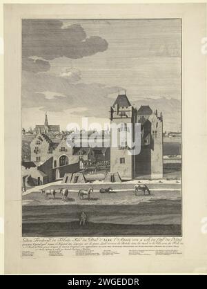 Belagerung von Haarlem, 1572-1573 (rechte Zeitschrift), 1742–1779 Druckschrift Belagerung der Stadt Haarlem in den Jahren 1572-1573 durch die Spanier unter Fadrique Alvarez de Toledo (Don Frederik), dem Sohn des Herzogs von Alva. Große Show mit einem Gesicht auf die Stadt aus dem Norden, gedruckt zu einer zeitgenössischen Zeichnung in drei Zeitschriften, von denen dies das rechte Blatt ist. Auf der rechten Seite das Ter Kleef Haus, in der Ferne das Sint Bavo. Unter der Show die Titel und die Legenden 1-35 in Niederländisch und Französisch. Haarlem Papier ätzt Victory, Position war Sint-Bavokerk. Huis ter Kleef. Haarlem Stockfoto