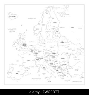 Politische Landkarte Europas. Blaue Vektorkarte mit Hauptstadt und wichtigen Städten europäischer Länder und Wasserkörpern rund um den Kontinent. Stock Vektor