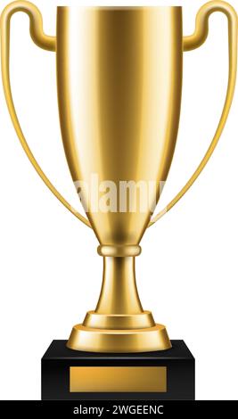 Realistischer Wettkampf-Cup. Goldenes isoliertes Element mit dem 3D-Gewinner. Siegerpreise für die Meisterschaft. Leeres leeres Schild, Führererfolg, Champion zuerst Stock Vektor