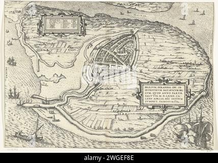 Karte der Insel Voorne und Karte von Brielle, 1572, 1575 - in oder vor 1657 drucken Karte der Insel Voorne mit einer Karte von Brielle Watergeuzen, die am 1. April 1572 in Vogelperspektive aufgenommen wurde. Oben links eine Kartusche mit einer niederländischen Legende 1-16. Rechts eine Kartusche mit dem Titel in lateinischer Sprache. Unten links ein Fischerboot, unter zwei Kriegsschiffen. Rückseitig unbedruckt. Kölner Papier zum Ätzen von Karten von verschiedenen Ländern oder Regionen. Stadtpläne Brielle Stockfoto