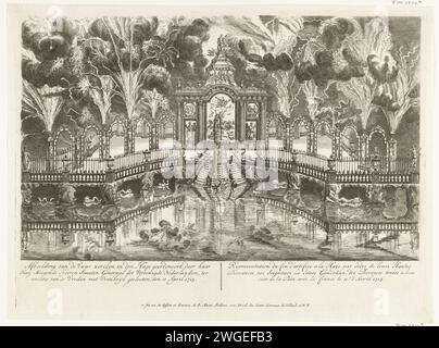 Feuerwerk bei der Friedensfeier von Utrecht, 1713, 1713 Druckgerüst mit Feuerwerk in Auftrag gegeben von den Generalstaaten auf dem Hofvijver in den Haag bei der Friedensfeier von Utrecht, 14. Juni 1713. In der Bildunterschrift nur die Titel (und nicht die Legenden am Feuerwerk) auf Niederländisch und Französisch. Nordniederländische Papierätzfeier (+ Beleuchtung, Feuerwerk  festliche Aktivitäten). Lagerfeuer, Feuerwerk Hofvijver Stockfoto