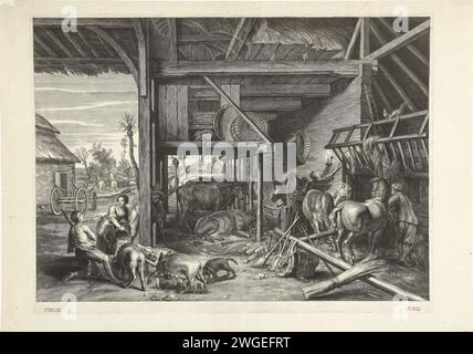 Landschaft mit dem Gleichnis vom verlorenen Sohn Schelte Adamsz. Bolswert, nach Peter Paul Rubens, um 1618–1659 drucken der verlorene Sohn als Schweinehde. In einem Stall isst der verlorene Sohn mit den Schweinen aus dem Futterhäuschen. Im Stall kümmern sich andere Diener um die Kühe und Pferde. Ein Dienstmädchen hat das Schweinefutter in den Behälter gegossen. Antwerpener Papier, in dem der verlorene Sohn graviert ist, pflegt die Schweine und isst aus ihrem Trog. Scheune - AA - bürgerliche Architektur: Innen Stockfoto