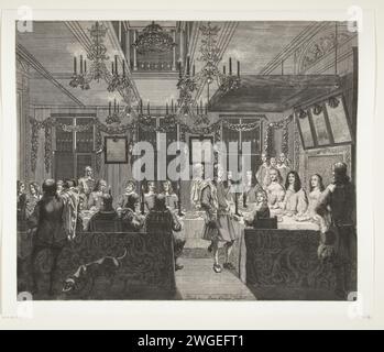 Festmahl für König Karl II. Von England im Mauritshuis in den Haag, 1660, 1660 Drucken Gastmahl bei Kerzenlicht für den englischen König Karl II. Im Mauritshuis in den Haag, 30. Mai 1660, angeboten von den Staaten von Holland. Episode während seiner Tour durch die Niederlande und seiner Abreise aus den Niederlanden. Der König befindet sich rechts zwischen seiner Tante Elisabeth, Königin von Böhmen, und seiner Schwester Maria Henrietta Stuart, Prinzessin von Orange. Im Vordergrund der junge Prinz Wilhelm III Nordholland Papierätzung / Gravur Triummphal Entry and Public Reception, Wettbewerb, 'feierlicher Eingang', 'Joyeuse Enran Stockfoto