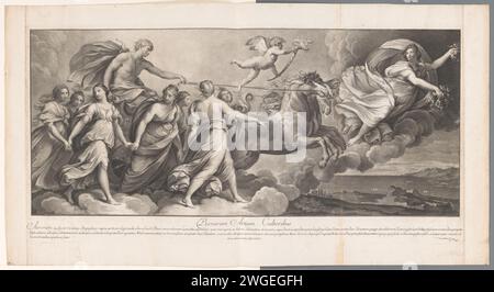Apollo auf dem Solarauto, gefolgt von Aurora, Jakob Frey (I), nach Guido Reni, 1722 Print Maker: RomeAfter Malerei von: Palazzo Pallavicini Rospigliosi Papierätzung / Gravur (Geschichte von) Apollo (Phoebus). (Story of) Aurora (EOS); „Aurora“ (Ripa) Stockfoto