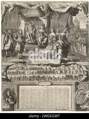 Allegory on the Peace with England 1674 and the Almanak for the Year 1675, 1674 druckte Allegory on the Peace of Westminster with England am 19. Februar 1674, was den Dritten Englischen Krieg beendete. Der friedensvertrag wird von einem Boten an König Karl II. Angeboten, der auf seinem Thron neben Königin Catharina sitzt. Auf beiden Seiten der Thronhöfe, direkt zwischen den öffentlichen Personifizierungen der Tugenden. Unterhalb einer Kartusche mit dem triumphalen Einzug Willems III. In die eroberte Stadt Grave am 8. Oktober 1674. Unten ist der Almanak für das Jahr 1675, mit Porträt und Waffe von Willem III Druckerei: Souther Stockfoto