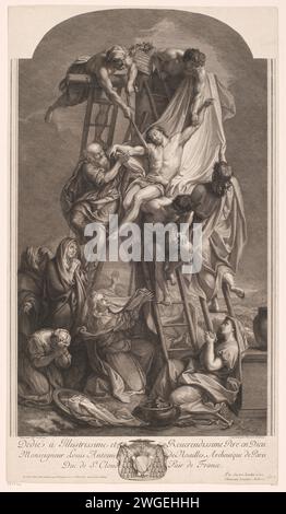Kruisafneming, Benoît Audran (I), nach Charles Le Brun, 1671 - 1721 Druckgraphiker: Franziskus: Paris Papierätzung / Gravur Abstieg vom Kreuz: Christus wird vom Kreuz herabgenommen, gewöhnlich von Nikodemus und Joseph von Arimathäa, die auf den Leitern stehen (beide Arme Christi getrennt) Stockfoto