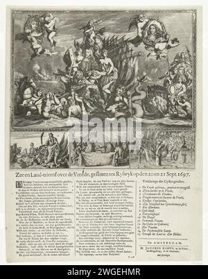 Allegory on the Peace of Rijswijk, 1697, 1697 Druck Allegory on the Peace of Rijswijk, geschlossen am 20. September 1697 zwischen Frankreich und den Alliierten. Zwei von Seepferden und Seelöwen gezogene Seewagen, in denen Tugenden mit Fahnen und Porträts von König Wilhelm III. Und einem anderen Helden fahren, der nicht namentlich erwähnt wird, möglicherweise Anthonie Heinsius. Engel in der Luft mit Porträts zweier Vermittler bei den Friedensverhandlungen. Am unteren Ende von drei kleineren Darstellungen: Eine Friedensallegorie, die Siegelung des friedensvertrags und ein Feuerwerk bei der Friedensfeier. Auf dem Blatt unter der Platte ein Vers in zwei c Stockfoto