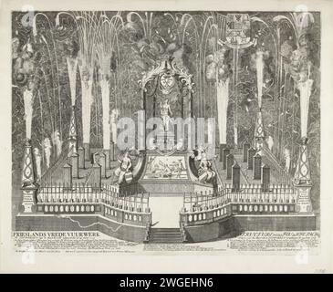 Feuerwerk bei der Feier des Friedens von Utrecht in Leeuwarden, 1713, 1713 Druckgerüst mit Feuerwerk in Auftrag gegeben von den Staaten Friesland auf dem Markveld in Leeuwarden bei der Feier des Friedens von Utrecht, 14. Juni 1713. Zentral der Friedenstempel, der Figuren an den vier Ecken der vier Teile der Provinz Oostergo darstellt, die Westergo, Zevenwouden und die Städte repräsentieren. In der Bildunterschrift der Titel und die Erklärung der Buchstaben A-K in Niederländisch und Französisch. Druckerei: Nordhollandspublisher: Amsterdam Papierätzung Lagerfeuer, Feuerwerk (+ Beleuchtung, fi Stockfoto
