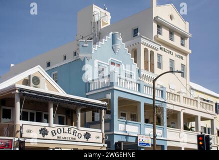 Historische Fassaden, Front Street, Stadt Hamilton, Pembroke Parish, Bermuda Stockfoto