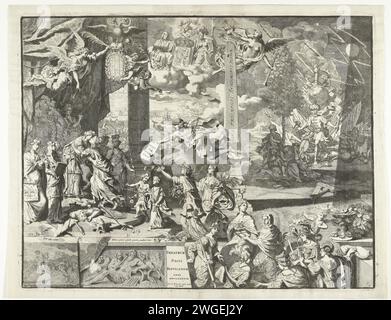 Allegory on the Peace of Rijswijk, 1697, 1697 Print Allegory on the Peace of Rijswijk wurde am 20. September 1697 zwischen Frankreich und den Alliierten geschlossen. Auf der linken Seite wird die französische Jungfrau wieder willkommen geheißen und zwischen den Jungfrauen der anderen Königreiche umarmt. In der Mitte Mercury über einer Gruppe allegorischer Frauenfiguren. Rechts im Hintergrund der kriegerische Türke mit Fackel und Schwert. Amsterdamer Papierätzung / Gravur Segen des Friedens Stockfoto