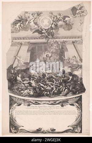 Begegnung der Götter, Gérard Audran (zugeschrieben), nach Charles Le Brun, 1650 - 1690 Druck Frankreich Papier mit der Gravur der olympischen Götter: Jupiter, Juno, Neptun, Ceres, Apollo, Diana, Mars, Venus, Quecksilber, Minerva, Vulcan, Vesta (oder Bacchus) Stockfoto