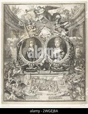 Hochzeitswinkel für König Johan V. von Portugal, 1708, 1708 Druckdruck anlässlich der Hochzeit zwischen König Johan V. von Portugal und Maria Anna von Österreich am 27. Oktober 1708. Porträts in Medaillons umgeben von Symbolen von Trouw en Verbond, allegorischen Figuren und dem österreichischen Adler. Unten eine Aufführung des Besuchs der Erzherzogin Maria Anna van Austria in Rotterdam im August 1708. Inschriften und Unterschriften in lateinischer Sprache. Amsterdam Papierätzung / Gravur (zivile) Hochzeitszeremonien Rotterdam Stockfoto