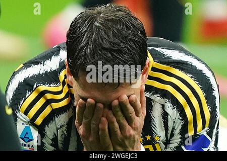 Mailand, Italien. Februar 2024. Foto Spada/LaPresse 04 Febbraio 2024 Milano (Italia) Sport, calcio - Inter vs Juventus - Campionato italiano di calcio Serie A TIM 2023/2024 - Stadio San Siro. Nella Foto: Dusan Vlahovic (FC Juventus); Delusione 4. Februar 2024 Mailand (Italien) Sport, calcio - Inter vs Juventus - italienische Fußballmeisterschaft der Serie A 2023/2024 - San Siro Stadion. Im Bild: Dusan Vlahovic (Juventus FC); Enttäuschung: LaPresse/Alamy Live News Stockfoto