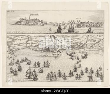 Eroberung von Olinda in Brasilien durch General Hendrick C. Loncq, 1630, 1651 – 1652 Druck Eroberung der Stadt Olinda in Pernambuco in Brasilien durch eine Flotte der WIC unter Admiraal Hendrick C. Loncq, Februar oder März 1630. Zwei Vorstellungen. Über einem Gesicht auf Olinda aus dem Wasser mit einigen brennenden Gebäuden. Unter der niederländischen Flotte vor Olinda an der brasilianischen Küste. Oben links markiert: Abb. 10, fol. 100. Nordniederländische Papierätzung Eroberung der Stadt (nach der Belagerung) Pernambuco. Olinda Stockfoto