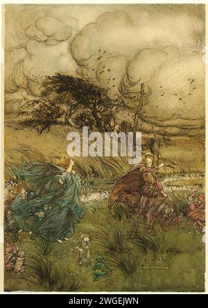 „Und jetzt treffen sie sich nie in Haine oder Grün“, aus Akt 2, Szene 1 von A Sommernachtstraum von William Shakespeare. Arthur Rackham. 1908, Stockfoto