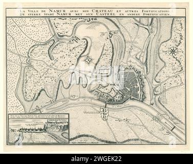 Karte der Stadt Namur mit der Burg, belagert durch die Alliierten, 1695, Anonym, 1695 Druckplan Namur mit den Positionen der alliierten Truppen während der Belagerung vom 3. Juli 1695. Karte mit zweisprachigen Beschriftungen. Unten links ein Gesicht auf der Stadt mit der Zitadelle. Der Druck ist der zweite Zustand einer Karte, die 1692 für die Belagerung durch die Franzosen veröffentlicht wurde (siehe FMH 2871). Druckerei: Nord-Niederlande Spublisher: Amsterdam Papier graviert Stadtpläne. Belagerung, Position war Names (Stadt) Stockfoto