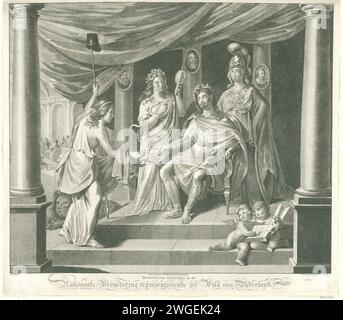 Allegory bei der Nationalversammlung, 1796, 1797 Druck Allegory bei der ersten nationalen Versammlung, die am 1. März 1796 in den Haag eröffnet wurde. Tempel, in dem ein Berater in römischer Kleidung auf seinem Thron sitzt, ein Kommandostab mit einem Band mit dem Kratzer 'Vox Populi, Vox Dei' von der niederländischen Jungfrau empfängt. Vorsicht und Weisheit (Minerva) Uhr. Auf den Säulen des Tempels Porträts von Hendrik D. Hooft, Johan van Oldenbarnevelt und Hugo de Groot. Im Hintergrund den Besprechungsraum gelassen. Der Ausdruck enthält eine Aussage. Rotterdam Personifizierungen von Ländern, Nationen, staaten, Bezirken usw. Stockfoto