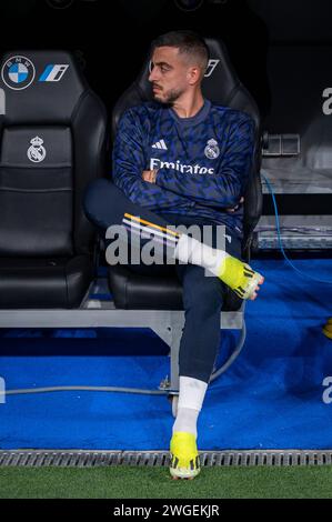 Madrid, Madrid, Spanien. Februar 2024. Jose Luis Sanmartin Mato (Joselu) von Real Madrid, der vor dem Fußballspiel La Liga EA Sports 2023/24 zwischen Real Madrid und Atletico Madrid im Santiago Bernabeu Stadion in Madrid, Spanien, auf der Bank saß. (Kreditbild: © Alberto Gardin/ZUMA Press Wire) NUR REDAKTIONELLE VERWENDUNG! Nicht für kommerzielle ZWECKE! Quelle: ZUMA Press, Inc./Alamy Live News Stockfoto