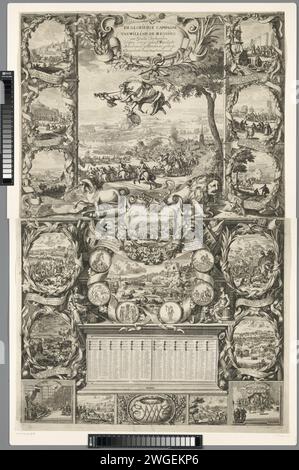 Siege von König Wilhelm III. In Irland, 1690, 1690 – 1691 drucken Großdruck auf zwei Zeitschriften, in denen die Siege von König Wilhelm III. In Irland und die Siege der Alliierten über Frankreich im Jahr 1690 gefeiert werden. Obere Hälfte mit der Schlacht am Boyne am 11. Juli 1690. Mit Ruhm in der Luft und vor dem englischen Einhorn und dem niederländischen Löwen. Sechs kleinere Szenen der Schlacht zwischen Wilhelm III. Und Jakobus II. Auf beiden Seiten. Unterste Hälfte mit dem festgefahrenen Almanak für das Jahr 1691 unter der Schlacht bei Neapel, umgeben von sechs Spielmarken. Auf beiden Seiten kleinere Szenen der Schlacht sein Stockfoto