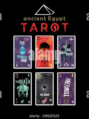 Design für ein ägyptisches Tarot-T-Shirt mit sechs Karten. Der gehängte Mann, der Teufel, das Endgericht, der Tod, der Mond und der Turm. Stock Vektor