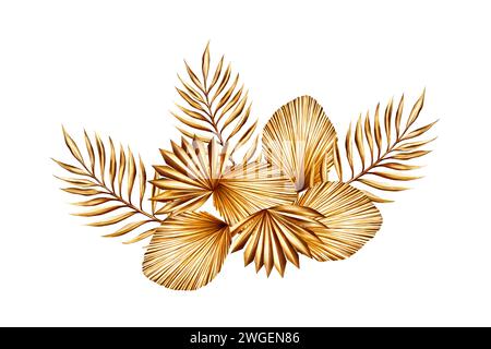Aquarellkomposition mit goldenem Pampasgras, Dattelpalmenzweig-Illustration isoliert auf weißem Hintergrund. Botanik und Hochzeit und Ramadan Kareem Stockfoto