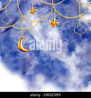 Aquarell islamischer arabischer Rahmen mit goldenem Halbmond, Sterne auf einer goldenen Ketten Illustration isoliert auf blauem Nachthintergrund. Muslimische Hand gezeichnet h Stockfoto