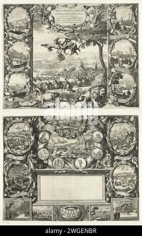 Siege von König Wilhelm III. In Irland, 1690, 1690 – 1691 drucken Großdruck auf zwei Zeitschriften, in denen die Siege von König Wilhelm III. In Irland und die Siege der Alliierten über Frankreich im Jahr 1690 gefeiert werden. Obere Hälfte mit der Schlacht am Boyne am 11. Juli 1690. Mit Ruhm in der Luft und vor dem englischen Einhorn und dem niederländischen Löwen. Sechs kleinere Szenen der Schlacht zwischen Wilhelm III. Und Jakobus II. Auf beiden Seiten. Die untere Hälfte mit dem offenen Fach, das für die Almanak unter der Schlacht bei Neapel vorgesehen ist, umgeben von sechs Spielmarken. Auf beiden Seiten kleinere Szenen des Stockfoto