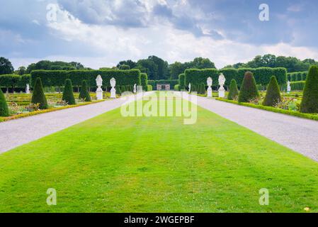 Einzigartiger Panoramablick auf die berühmten Herrenhausener Barockgärten in Hannover Germeny. Stockfoto