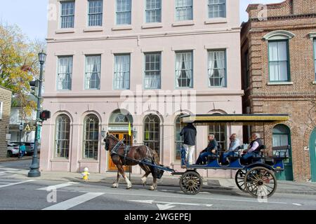 Pferdekutschfahrt auf der Meeting Street Charleston South Carolina – November 2023 Stockfoto